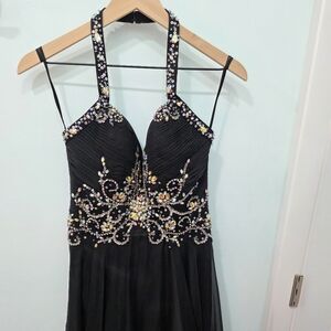 Elegant Black Embellished Halter Dress Formal 4